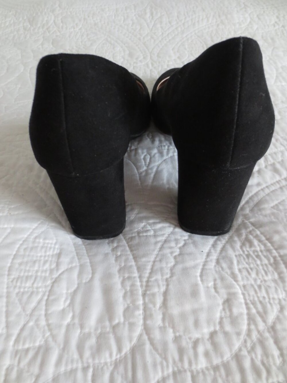 Classic Round Toe Black Suede Chunky Block Squared Heels - Picture 5 of 11